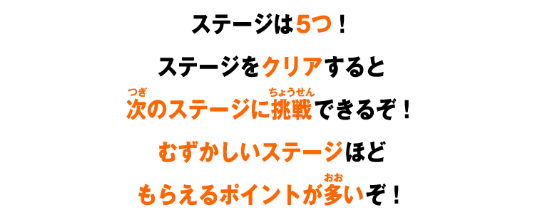 ステージは5つ！ステージをクリアすると次のステージに挑戦できるぞ！むずかしいステージほどもらえるポイントが多いぞ！