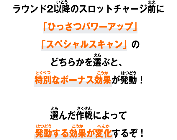 ラウンド2以降のスロットチャージ前に「ひっさつパワーアップ」「スペシャルスキャン」のどちらかを選ぶと、特別なボーナス効果が発動！選んだ作戦によって発動する効果が変化するぞ！