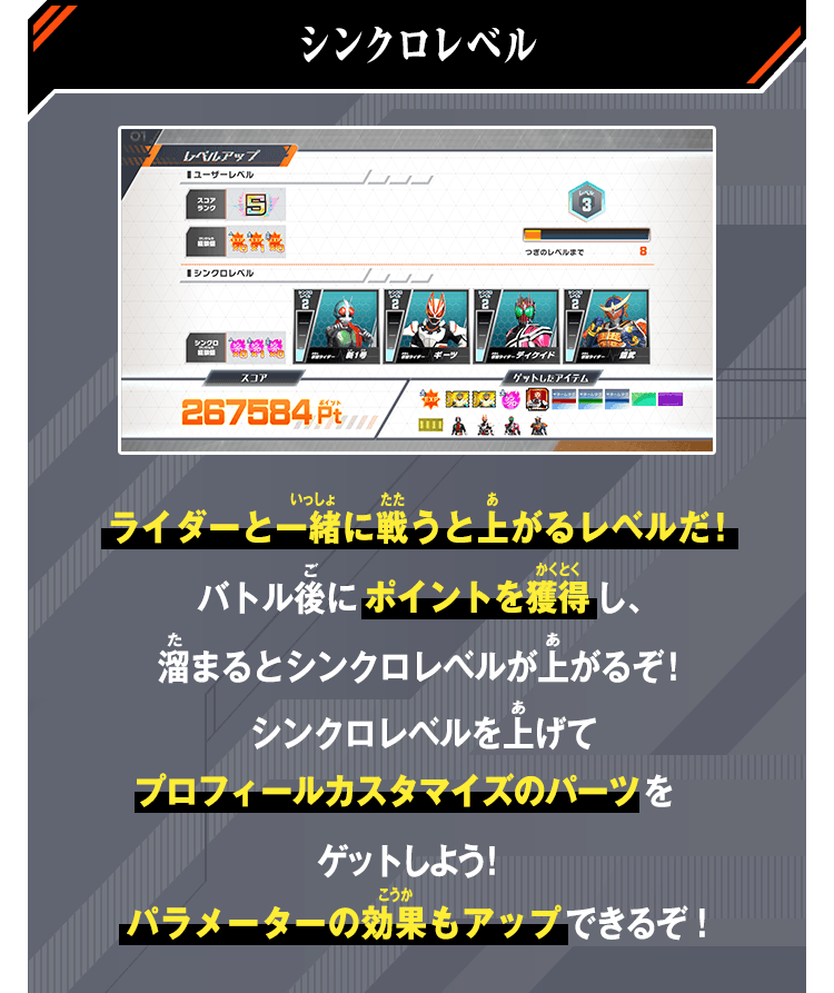 シンクロレベル ライダーと一緒に戦うと上がるレベルだ！パトル後にポイントを獲得し、溜まるとシンクロレベルが上がるぞ！シンクロレベルを上げてプロフィールカスタマイズのパーツをゲットしよう！パラメーターの効果もアップできるぞ！