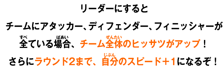 リーダーにするとチームにアタッカー、ディフェンダー、フィニッシャーが全ている場合、チーム全体のヒッサツがアップ！さらにラウンド2まで、自分のスピード＋1になるぞ！