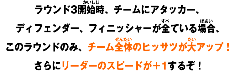 ラウンド3開始時、チームにアタッカー、ディフェンダー、フィニッシャーが全ている場合、このラウンドのみ、チーム全体のヒッサツが大アップ！さらにリーダーのスピードが＋1するぞ！