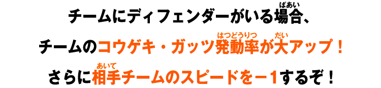 チームにディフェンダーがいる場合、チームのコウゲキ・ガッツ発動率が大アップ！さらに相手チームのスピードを－1するぞ！